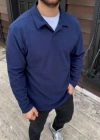 Erkek Fitilli Polar weatshirt – Düğmesiz Polo Yaka, Oversize Rahat Kalıp, Kalın Polar Kumaş, Kışlık Ve Baharlık Şık Günlük Üst  acivert