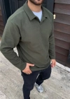 Erkek Fitilli Polar weatshirt – Düğmesiz Polo Yaka, Oversize Rahat Kalıp, Kalın Polar Kumaş, Kışlık Ve Baharlık Şık Günlük Üst  Haki