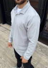 Erkek Fitilli Polar weatshirt – Düğmesiz Polo Yaka, Oversize Rahat Kalıp, Kalın Polar Kumaş, Kışlık Ve Baharlık Şık Günlük Üst  Gri