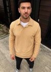 Erkek Fitilli Polar weatshirt – Düğmesiz Polo Yaka, Oversize Rahat Kalıp, Kalın Polar Kumaş, Kışlık Ve Baharlık Şık Günlük Üst  Bej