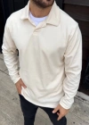 Erkek Fitilli Polar weatshirt – Düğmesiz Polo Yaka, Oversize Rahat Kalıp, Kalın Polar Kumaş, Kışlık Ve Baharlık Şık Günlük Üst  Beyaz