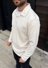 Erkek Fitilli Polar weatshirt – Düğmesiz Polo Yaka, Oversize Rahat Kalıp, Kalın Polar Kumaş, Kışlık Ve Baharlık Şık Günlük Üst  Beyaz