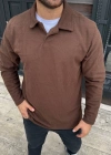 Erkek Fitilli Polar weatshirt – Düğmesiz Polo Yaka, Oversize Rahat Kalıp, Kalın Polar Kumaş, Kışlık Ve Baharlık Şık Günlük Üst  Kahverengi