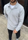 Erkek Fitilli Polar weatshirt – Düğmesiz Polo Yaka, Oversize Rahat Kalıp, Kalın Polar Kumaş, Kışlık Ve Baharlık Şık Günlük Üst  Gri