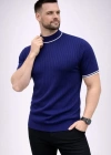Erkek Fitilli Triko Dokuma Kısa Kol Tişört Yarım Boğaz odern Yazlık Thirt  acivert