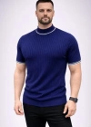 Erkek Fitilli Triko Dokuma Kısa Kol Tişört Yarım Boğaz odern Yazlık Thirt  acivert