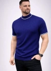 Erkek Fitilli Triko Dokuma Kısa Kol Tişört Yarım Boğaz odern Yazlık Thirt  acivert