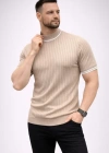 Erkek Fitilli Triko Dokuma Kısa Kol Tişört Yarım Boğaz odern Yazlık Thirt  Bej
