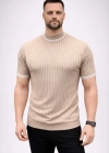 Erkek Fitilli Triko Dokuma Kısa Kol Tişört Yarım Boğaz odern Yazlık Thirt  Bej