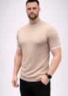 Erkek Fitilli Triko Dokuma Kısa Kol Tişört Yarım Boğaz odern Yazlık Thirt  Bej