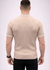 Erkek Fitilli Triko Dokuma Kısa Kol Tişört Yarım Boğaz odern Yazlık Thirt  Bej