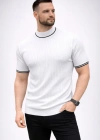 Erkek Fitilli Triko Dokuma Kısa Kol Tişört Yarım Boğaz odern Yazlık Thirt  Beyaz