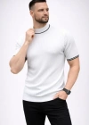 Erkek Fitilli Triko Dokuma Kısa Kol Tişört Yarım Boğaz odern Yazlık Thirt  Beyaz