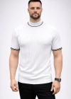 Erkek Fitilli Triko Dokuma Kısa Kol Tişört Yarım Boğaz odern Yazlık Thirt  Beyaz