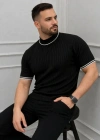 Erkek Fitilli Triko Dokuma Kısa Kol Tişört Yarım Boğaz odern Yazlık Thirt  iyah
