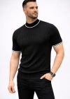 Erkek Fitilli Triko Dokuma Kısa Kol Tişört Yarım Boğaz odern Yazlık Thirt  iyah