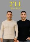 Erkek Fitilli Triko Kazak 2’li et Bej Beyaz Kalın Dokuma Pamuklu Regular Fit Bisiklet