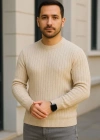 Erkek Fitilli Triko Kazak 2’li et Bej Beyaz Kalın Dokuma Pamuklu Regular Fit Bisiklet