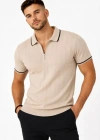 Erkek Fitilli Triko Tshirt Polo Yaka Yarım Fermuarlı Kısa Kollu Tişört  Bej