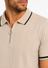 Erkek Fitilli Triko Tshirt Polo Yaka Yarım Fermuarlı Kısa Kollu Tişört  Bej