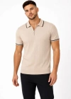 Erkek Fitilli Triko Tshirt Polo Yaka Yarım Fermuarlı Kısa Kollu Tişört  Bej