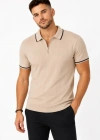Erkek Fitilli Triko Tshirt Polo Yaka Yarım Fermuarlı Kısa Kollu Tişört  Bej