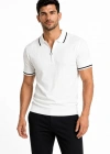 Erkek Fitilli Triko Tshirt Polo Yaka Yarım Fermuarlı Kısa Kollu Tişört  Beyaz