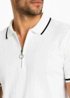 Erkek Fitilli Triko Tshirt Polo Yaka Yarım Fermuarlı Kısa Kollu Tişört  Beyaz