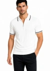 Erkek Fitilli Triko Tshirt Polo Yaka Yarım Fermuarlı Kısa Kollu Tişört  Beyaz