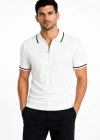 Erkek Fitilli Triko Tshirt Polo Yaka Yarım Fermuarlı Kısa Kollu Tişört  Beyaz