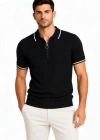 Erkek Fitilli Triko Tshirt Polo Yaka Yarım Fermuarlı Kısa Kollu Tişört  iyah