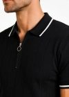 Erkek Fitilli Triko Tshirt Polo Yaka Yarım Fermuarlı Kısa Kollu Tişört  iyah