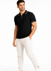 Erkek Fitilli Triko Tshirt Polo Yaka Yarım Fermuarlı Kısa Kollu Tişört  iyah
