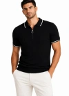 Erkek Fitilli Triko Tshirt Polo Yaka Yarım Fermuarlı Kısa Kollu Tişört  iyah