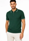 Erkek Fitilli Triko Tshirt Polo Yaka Yarım Fermuarlı Kısa Kollu Tişört  Yeşil