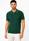 Erkek Fitilli Triko Tshirt Polo Yaka Yarım Fermuarlı Kısa Kollu Tişört  Yeşil