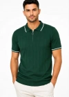Erkek Fitilli Triko Tshirt Polo Yaka Yarım Fermuarlı Kısa Kollu Tişört  Yeşil