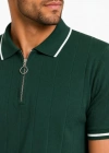Erkek Fitilli Triko Tshirt Polo Yaka Yarım Fermuarlı Kısa Kollu Tişört  Yeşil