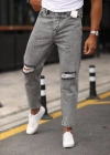 Erkek Gri Yıkama Yırtık Detaylı Boyfriend Jean