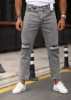 Erkek Gri Yıkama Yırtık Detaylı Boyfriend Jean