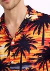 Erkek Gün Batımı Palmiye Desenli Kısa Kol Gömlek Hawaii Tarz Yazlık Rahat Kalıp  Desenli