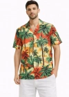Erkek Hawaii Tarz Tropikal Palmiye Desenli Kısa Kol Gömlek Rahat Kalıp Yazlık  Desenli
