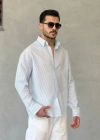 Erkek İnce Çizgili Gofre Kumaş Rahat Kalıp Gömlek