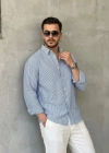 Erkek İnce Çizgili Gofre Kumaş Rahat Kalıp Gömlek