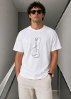 Erkek inimal Gitar Baskılı Tişört Thirt Yazlık Kısa Kol Bisiklet Yaka Thirt  Beyaz