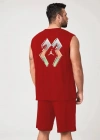Erkek ırt Baskılı ıfır Kol İkili Şort Takım  Kırmızı