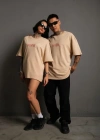 Erkek ırt Baskılı Oversize Tshirt  Bej