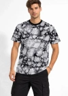 Erkek iyah Gri Taş Desenli Tişört – Regular Fit, Bisiklet Yaka, Dijital Baskılı odern Tasarım Thirt  iyah