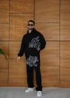 Erkek Kapüşonlu Eşofman Takım Graffiti Baskılı Oversize Rahat Kalıp, Kanguru Cepli, treetwear Tarzında Premium Ürün 3 Iplik Pamuklu  iyah