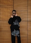 Erkek Kapüşonlu Eşofman Takım Graffiti Baskılı Oversize Rahat Kalıp, Kanguru Cepli, treetwear Tarzında Premium Ürün 3 Iplik Pamuklu  iyah